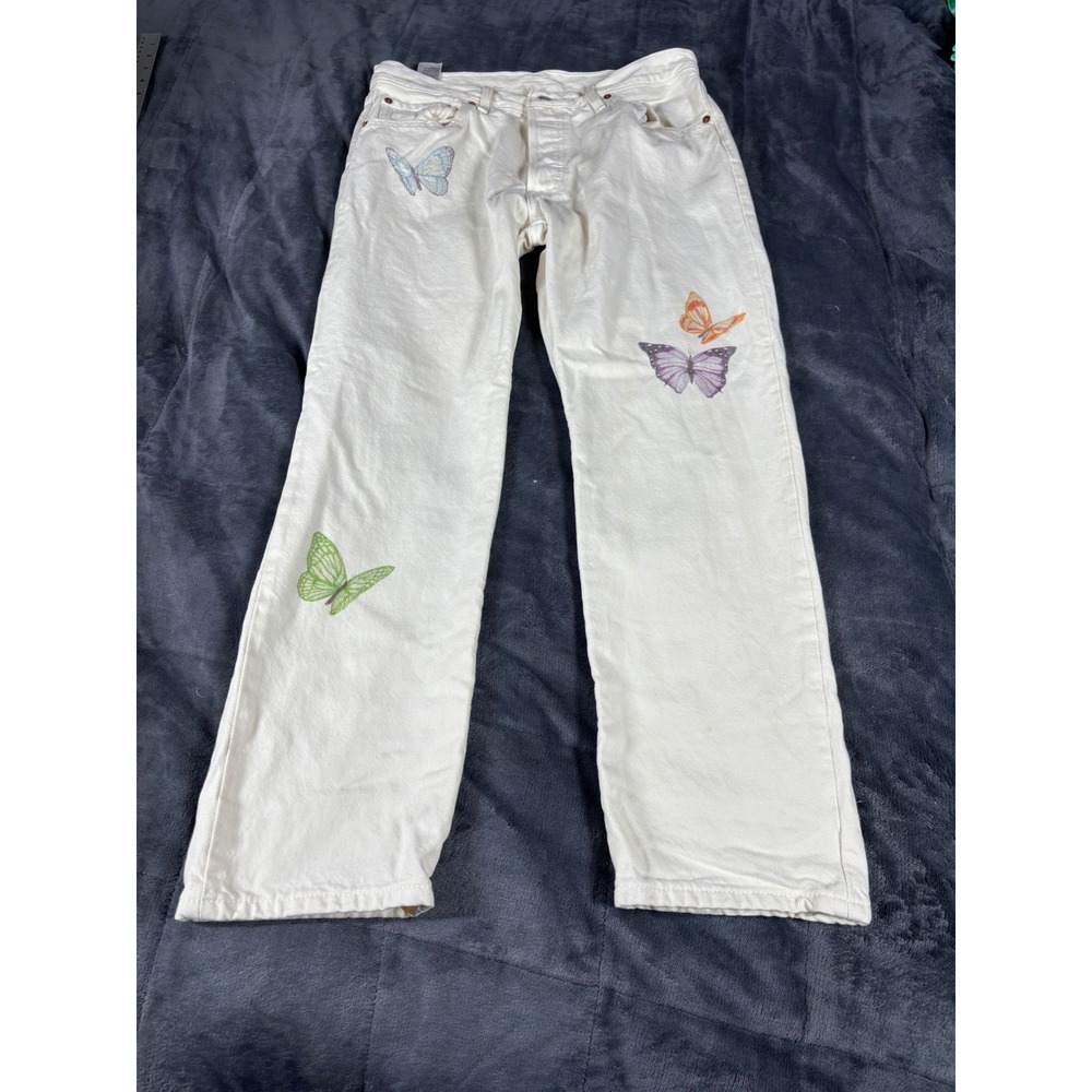 Levis 501 Original Fit‎ Butterfly Graphic Jeans Off White  Straight Leg 31x27